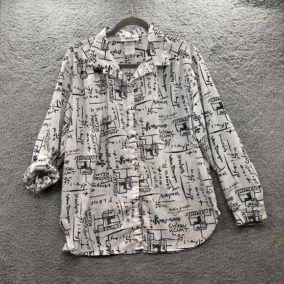 Vintage Maygene Women's Large Blouse Scribbled Note‎ Design Roll Up Cuffs - Picture 8 of 10